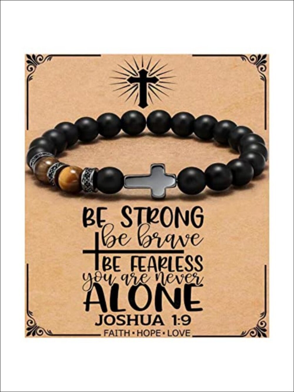 Men's Cross Bead Bracelet 8mm Agate Tiger Eye Adjustable Christian Gift
